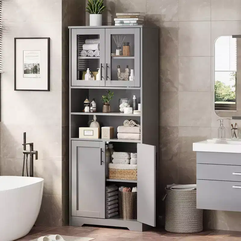 Kitchen Pantry Cabinet, Wood Coffee Bar Cabinet with 4 Doors and 1 Drawer, Farmhouse Storage Cabinet