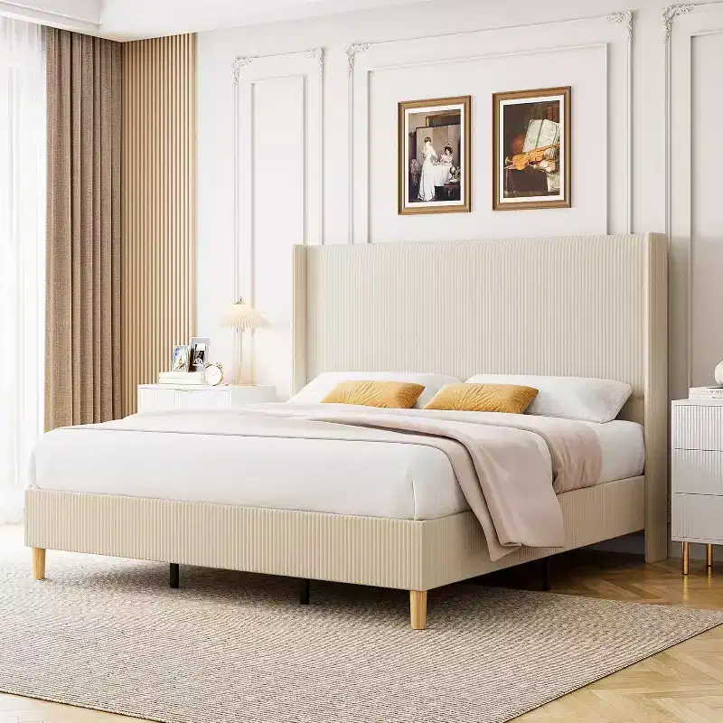Full Size Beige Corduroy Upholstered Platform Bed with Wingback Headboard, No Box Spring Needed