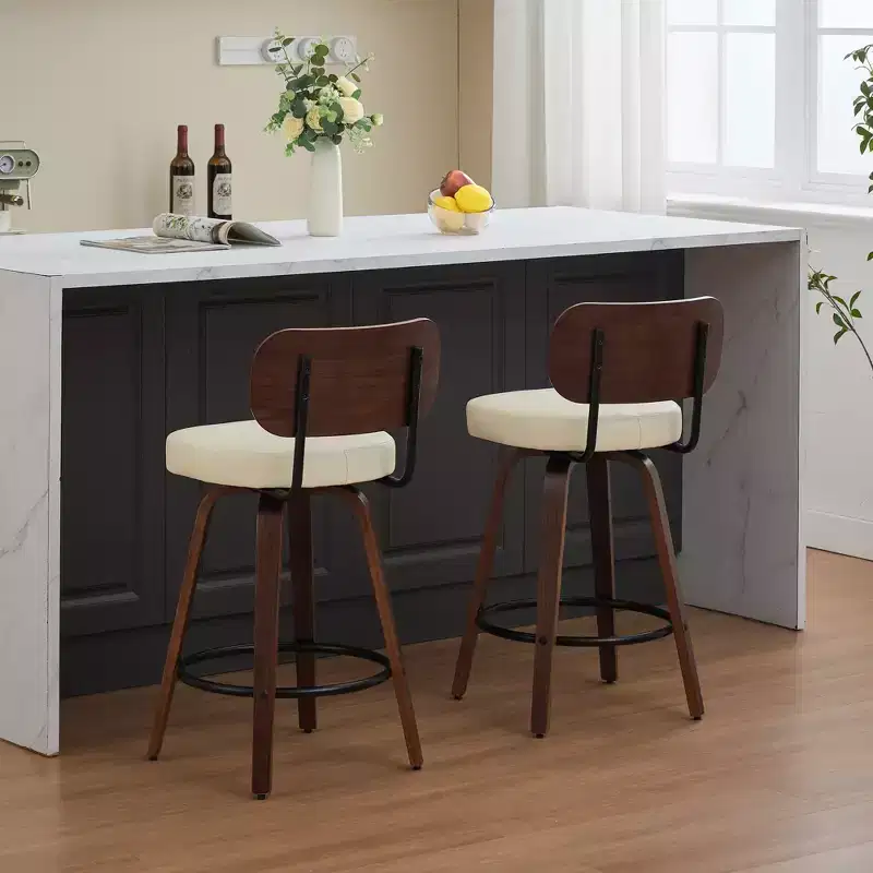Vatros Swivel Bar Stools Set of 2, 26 Upholstered Faux Leather Counter Height Barstools with Walnut Back & Bentwood Legs
