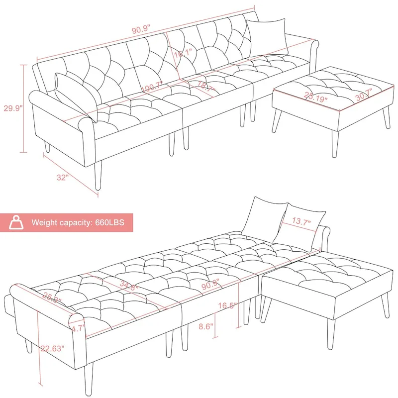 Convertible Velvet Sofa Couch, Sectional Sofa with Ottoman, Mid-Century Futon Sofa Bed - 32D x 100.7W x 29.9H