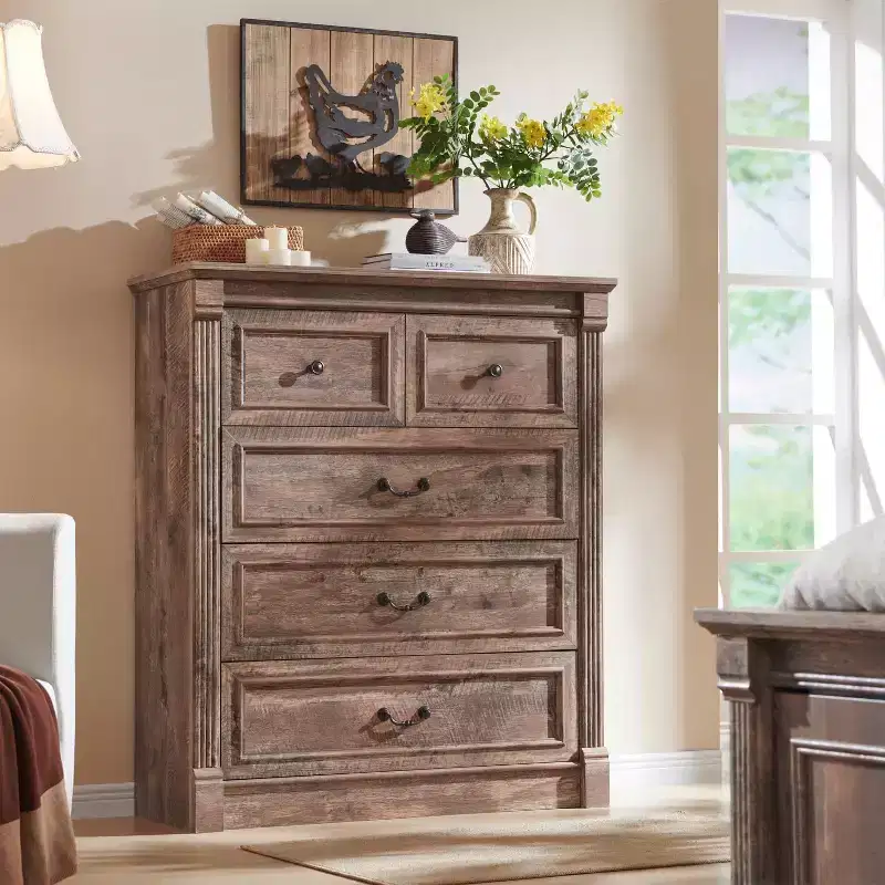 SinCiDo 5 Drawers Dresser for Bedroom, Farmhouse 46 Tall Dressers w/Roman Column