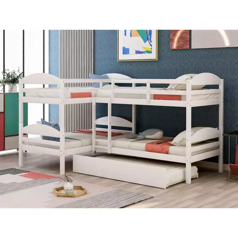 Twin L-Shaped Bunk bed with Trundle-White
