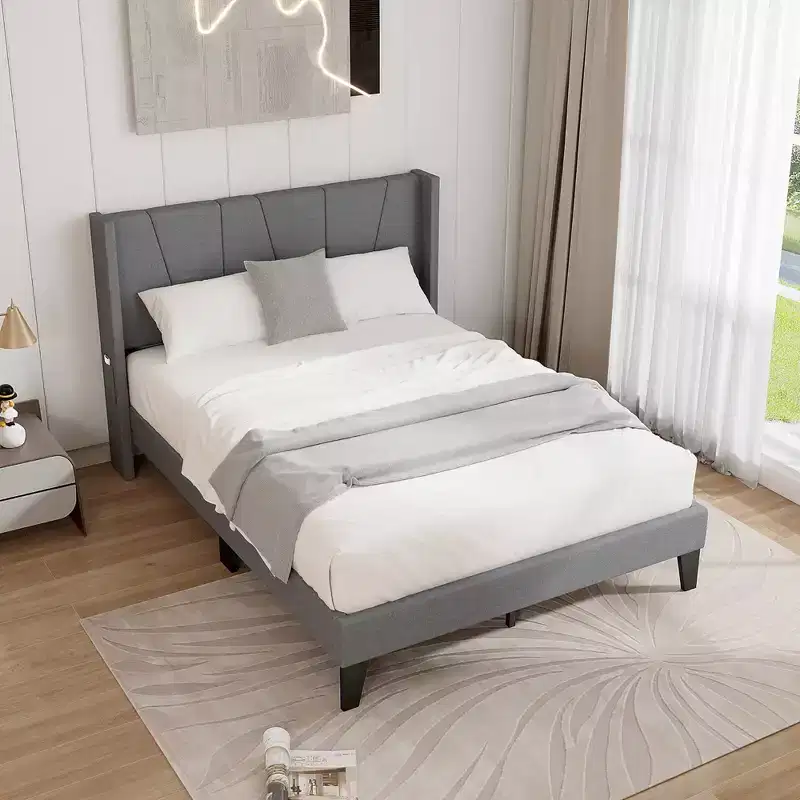 Costway Full Size Upholstered Bed Frame w/ Elastic Pockets Mattress Foundation Gray