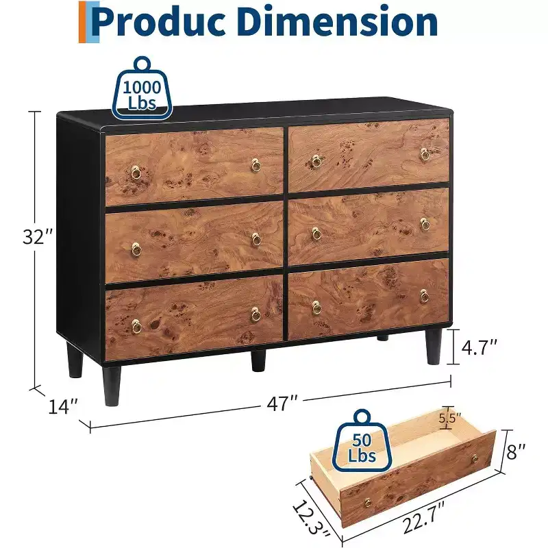 Dresser for Bedroom,54Wide Modern Chest of Drawer with Vintage Circle Handle w/Curved Profile Design,Wood Dresser for Living Room,Entryway