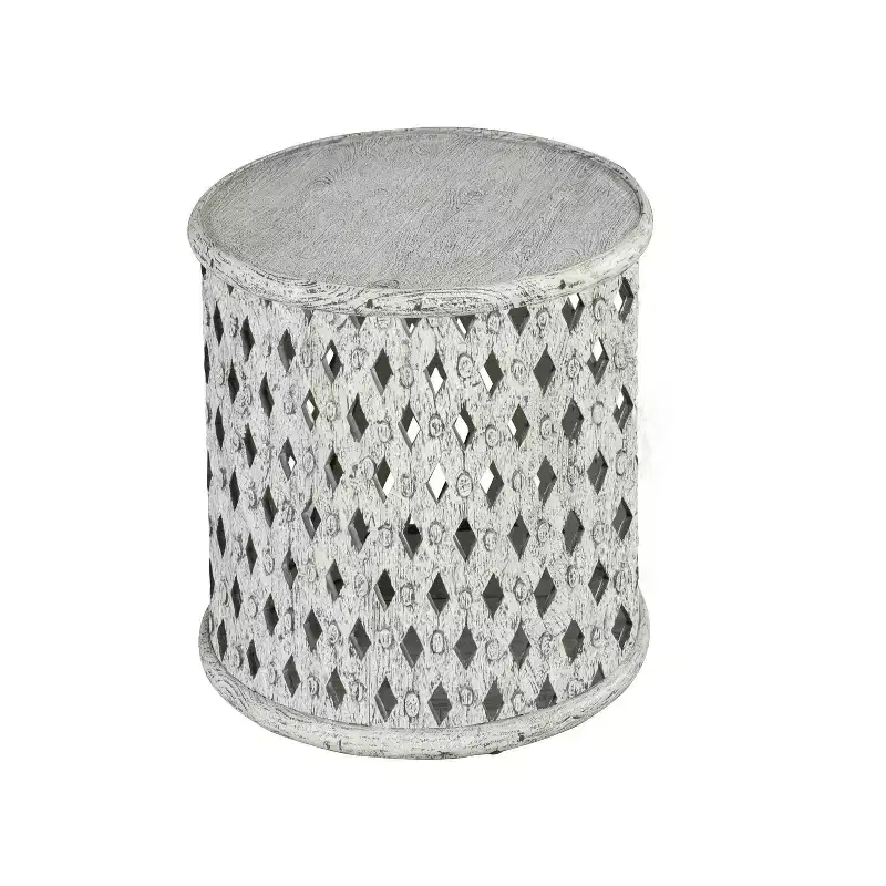 Round End Table Alabaster: No Assembly, Tray Top, Wood, Heathered White