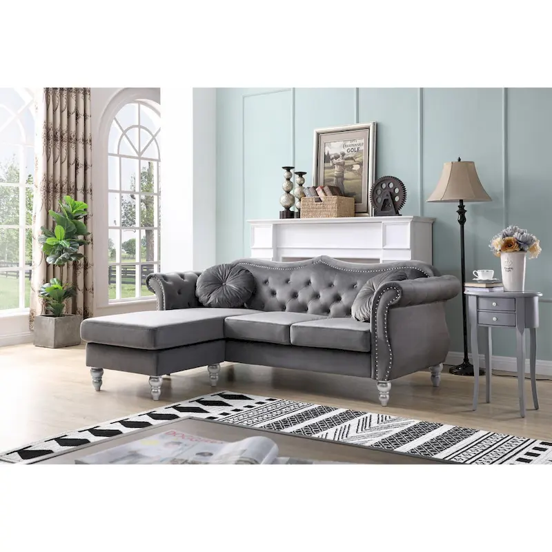 Hollywood 81 in. Velvet Chesterfield Sectional Sofa with 2-Throw Pillow - 81L x 35W x 34H