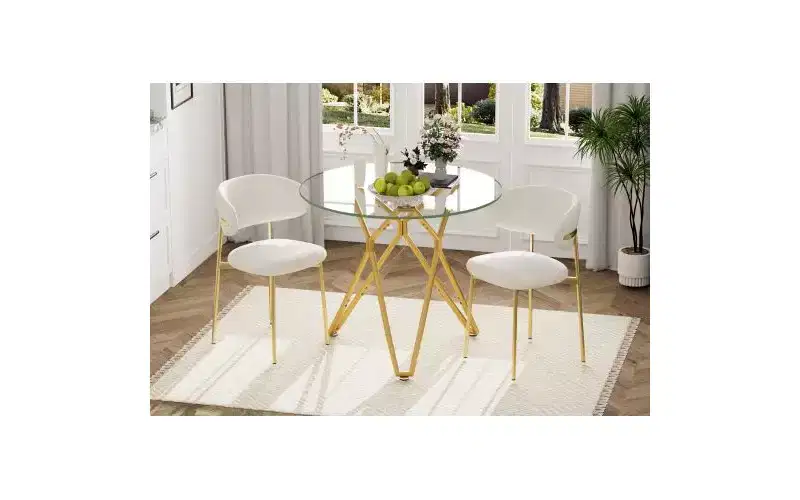 Round Tempered Glass Dining Table with Gold Metal Legs, Seats 2-4, Space-Saving