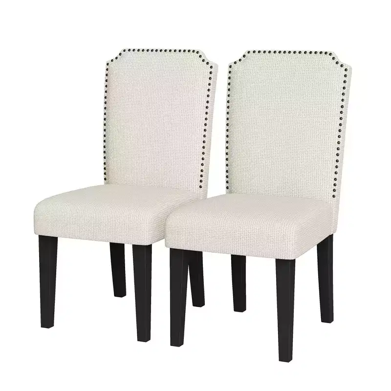 Set of 2 Upholstered Dining Chairs w/ Wood Legs, Fabric Padded High Back Side Chair w/ Nailhead Trim for Kitchen, Dining Room & Restaurant