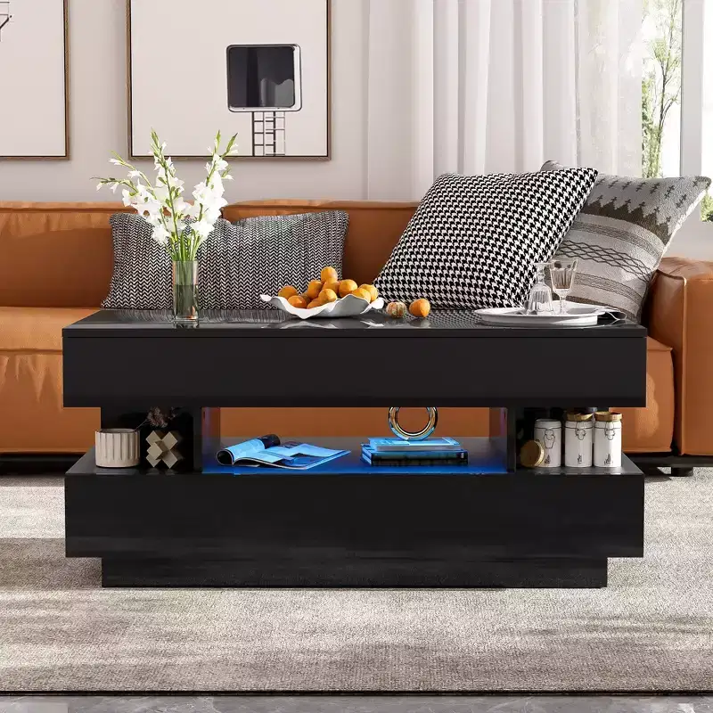 Bestier Lift Top Coffee Table with Storage, Modern LED Lighted Coffee Table with Hidden Compartment, 2 Drawers and Open Shelf for Living Room