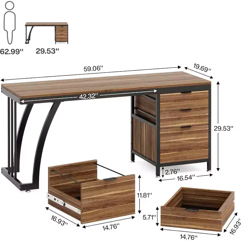 Lantine 59-Inch Computer Desk with 3 Drawers, PC Desk with Reversible Drawers and File Storage for Home Office, Industrial Walnut