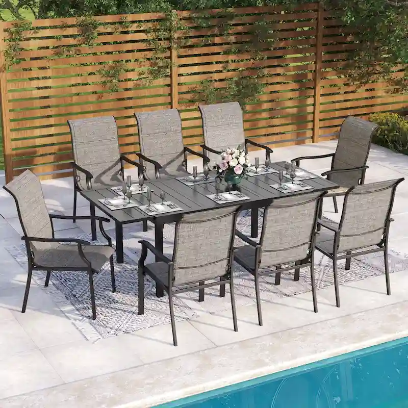 MAISON ARTS 7-Piece / 9-Piece Padded Textilene Chairs with Wave Arms & Expandable Metal Table Patio Dining Set