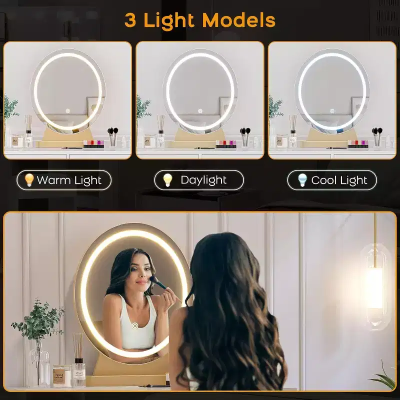 Makeup Vanity Table Set with Lighted Mirror & Cushioned Stool, 2 Drawers White and Gold