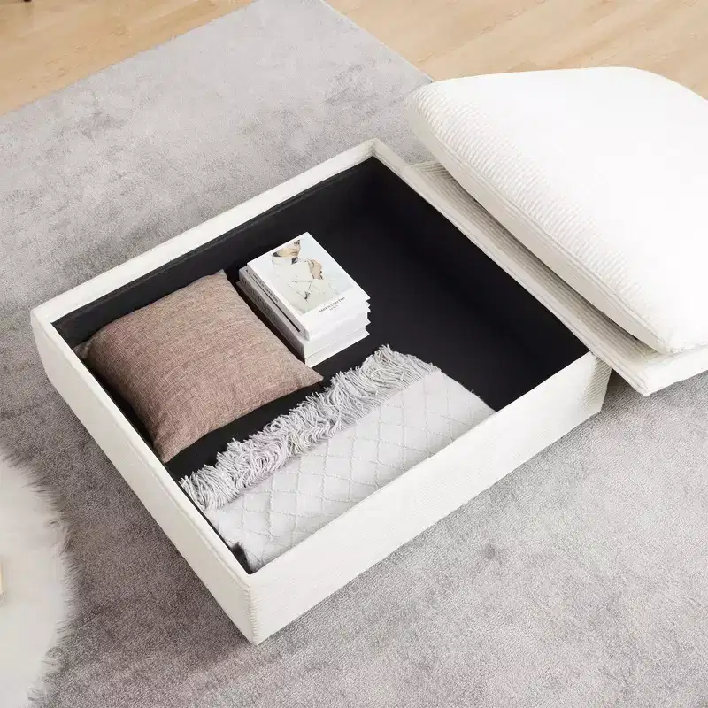 Square Corduroy Storage Ottoman Bench with Hidden Storage, Upholstered Footrest for Living Room & Bedroom