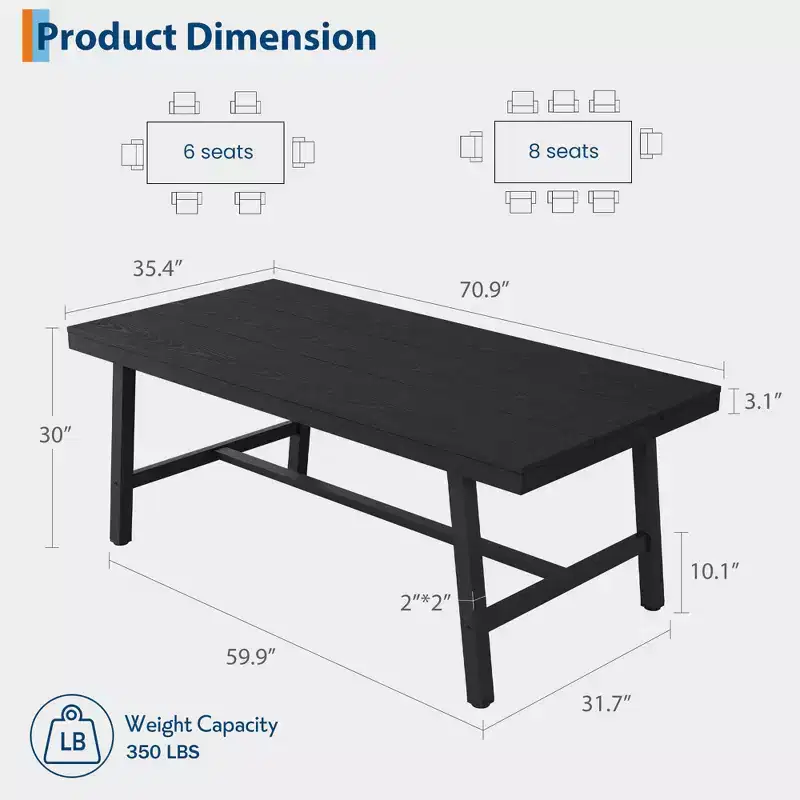 Industrial Dining Table for 6-8 People, 70.87 Long Wooden Kitchen Table with Sturdy Metal Frame & Rustic Brown Finish (Brown, 70.87 Long)