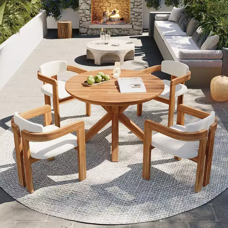 Christopher Knight Home Sandy 5 Piece Rustic Outdoor Acacia Wood Dining Set with 4 Barrel Upholstered Chairs and 1 Round Slatted Table