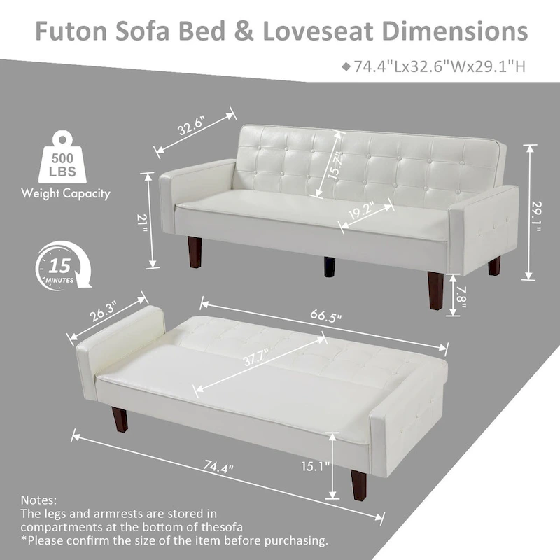 74.4 L Faux Leather Full Handcrafted Button Tufted Sofa 3-Seat, Convertible Sleeper Couch Adjustable Backrest