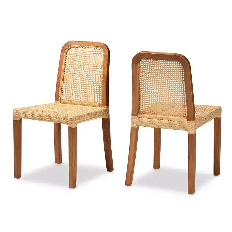 Wood and Rattan Dining Chair Natural/Walnut: Solid Mango, Indonesian Craftsmanship