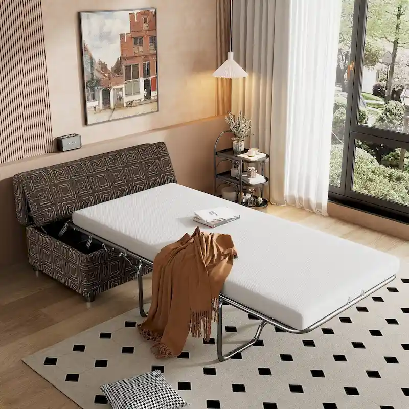 Roomfitters Twin Size Folding Ottoman Sleeper Bed with Mattress, Compact Convertible Guest Bed for Living Room