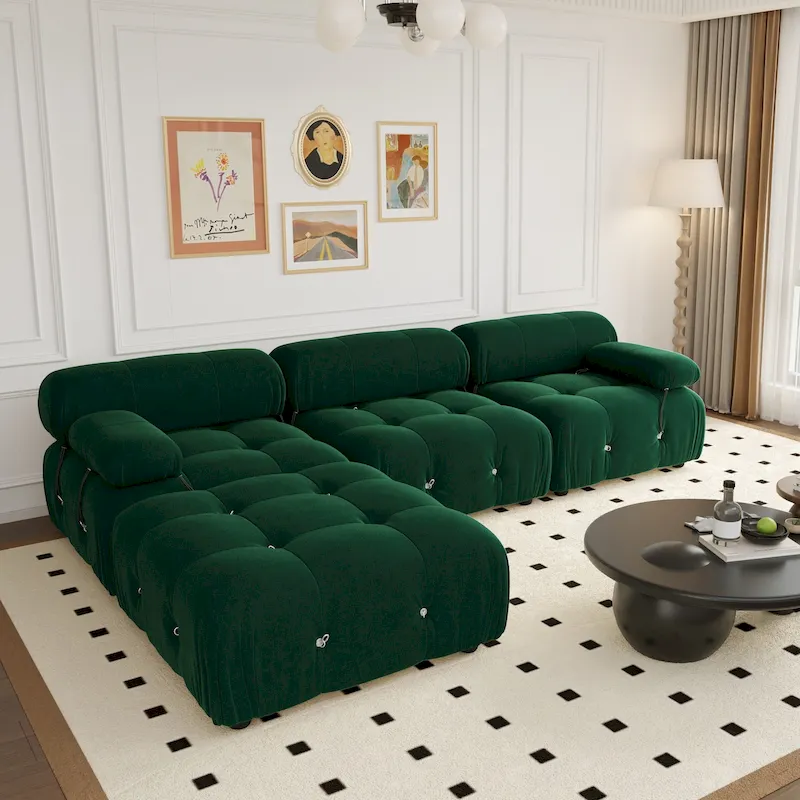 104 Wide Velvet Reversible Modular Sofa & Chaise with Ottoman