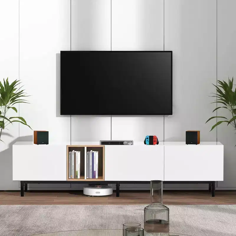 MAYEERTY Modern TV Stand for 80 TV with 3 Doors, Entertain Center with Large Storage Cabinet for Living Room Bedroom White