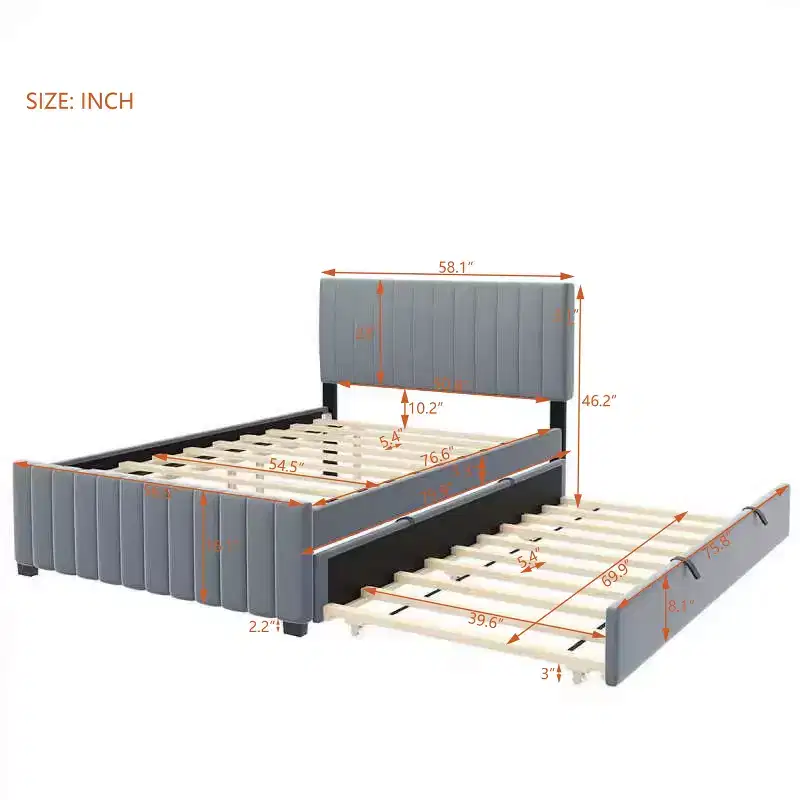 Full Bed Frame with Trundle, Velvet Upholstered Platform Bed with Headboard, Gray