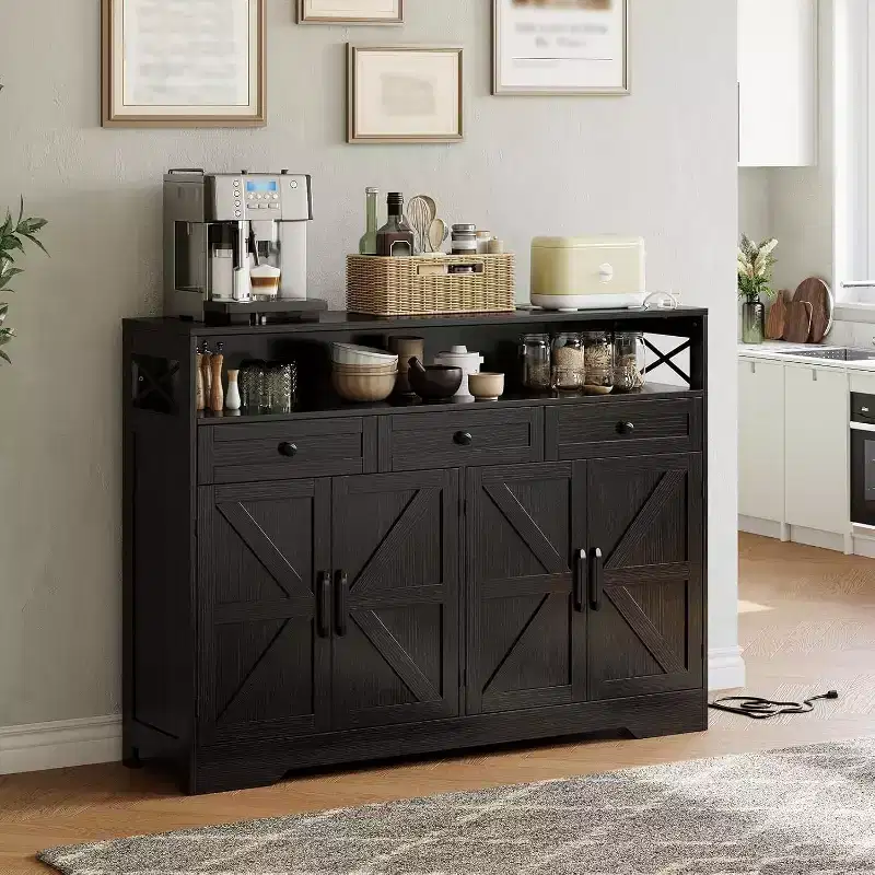 51-Inch Large Buffet Cabinet with Storage and Charging Station, Modern Farmhouse Coffee Bar Sideboard, Featuring 3 Drawers and Doors