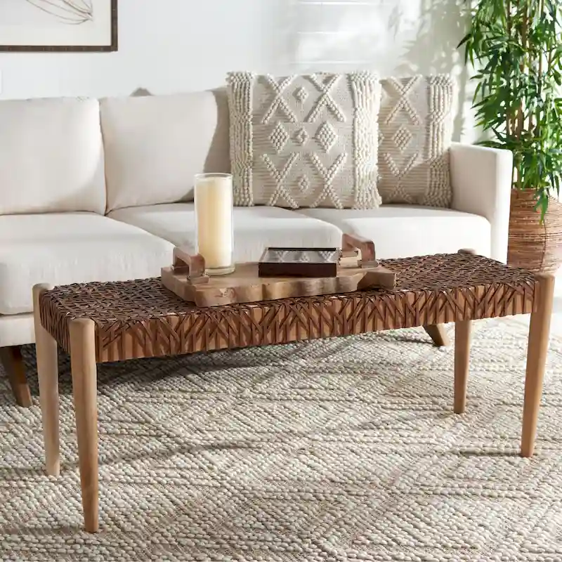SAFAVIEH Mahalia Bandelier Wood & Leather Bench - 47 W x 16 D x 19 H - 47Wx16Dx19H