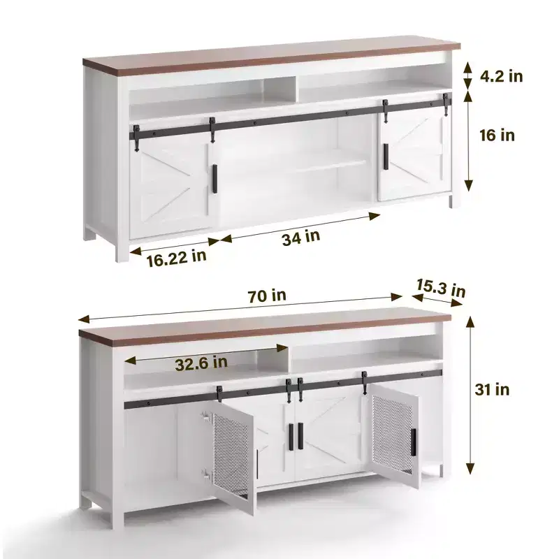 Farmhouse TV Stand, Rustic Wood Entertainment Center with Sliding Barn Doors and Mesh Doors with Storage for Living Room, Kitchen and Dining Room