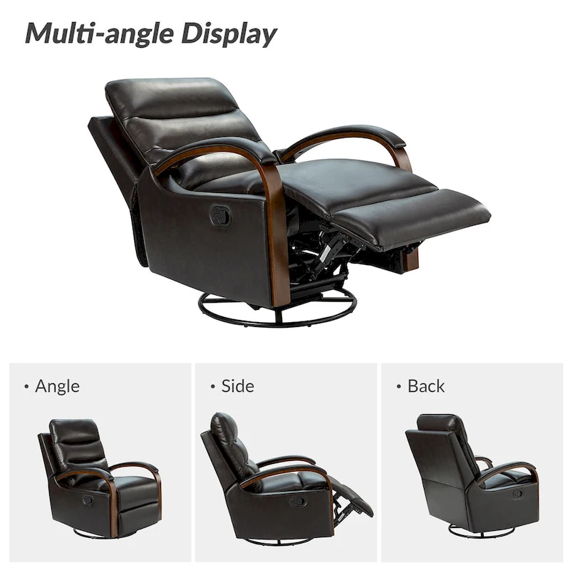 Leopold Modern Genuine Leather Swivel Rocking Manual Recliner Chair with Wooden Arm Accents by HULALA HOME