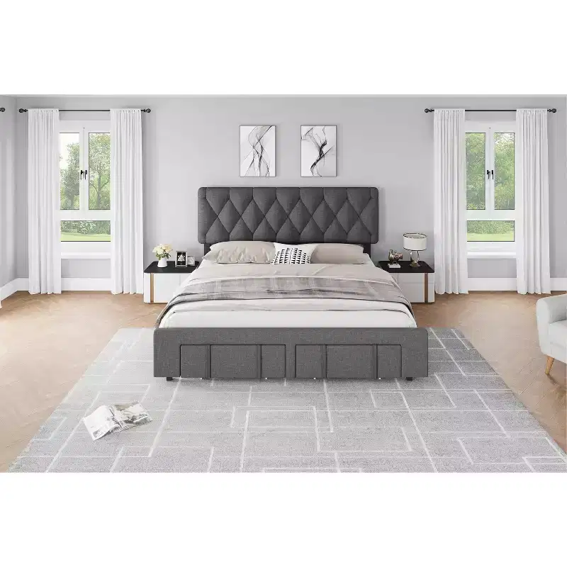 Upholstered Platform Bed Frame with 2 Storage Drawers, Sturdy Wood Slats, No Box Spring Needed