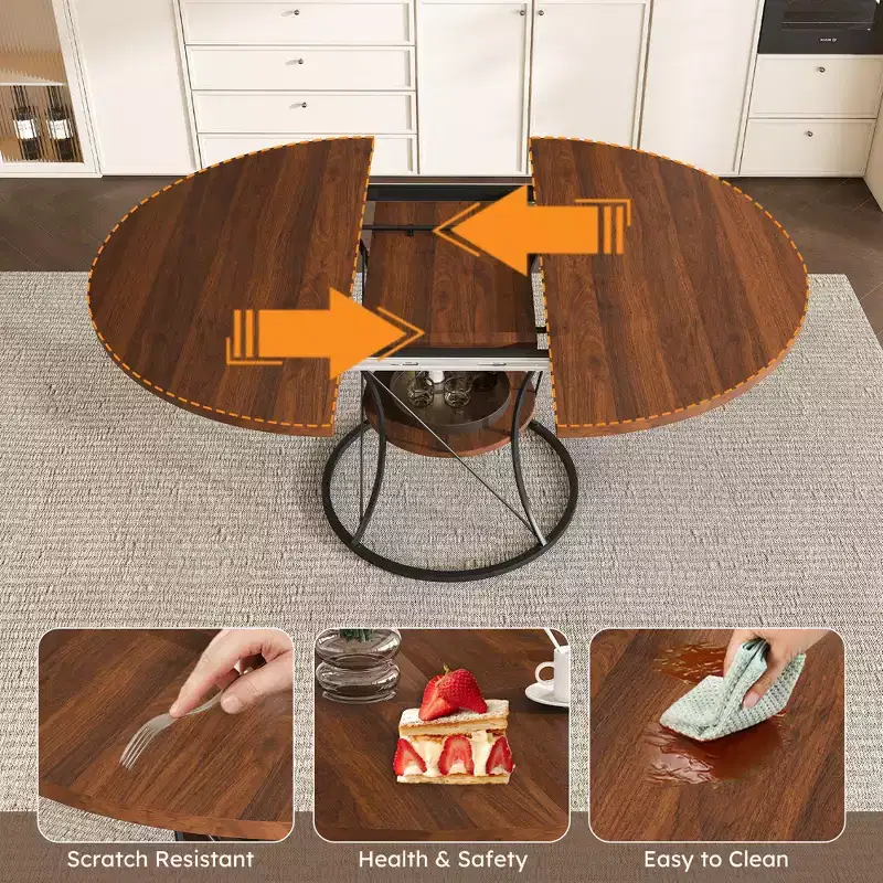 JVNOXK 43 Expandable Round Dining Table for 4-6 People, Extendable to 59 Farmhouse Kitchen Table with Storage Shelf & Metal Base, Brown & Black