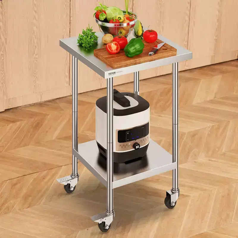VEVOR Stainless Steel Work Table 24 x 24 x 38 Inch,700 LBS Load Capacity with 4 Wheels,3 Adjustable Height Levels,HeavyDuty Food Prep Worktable