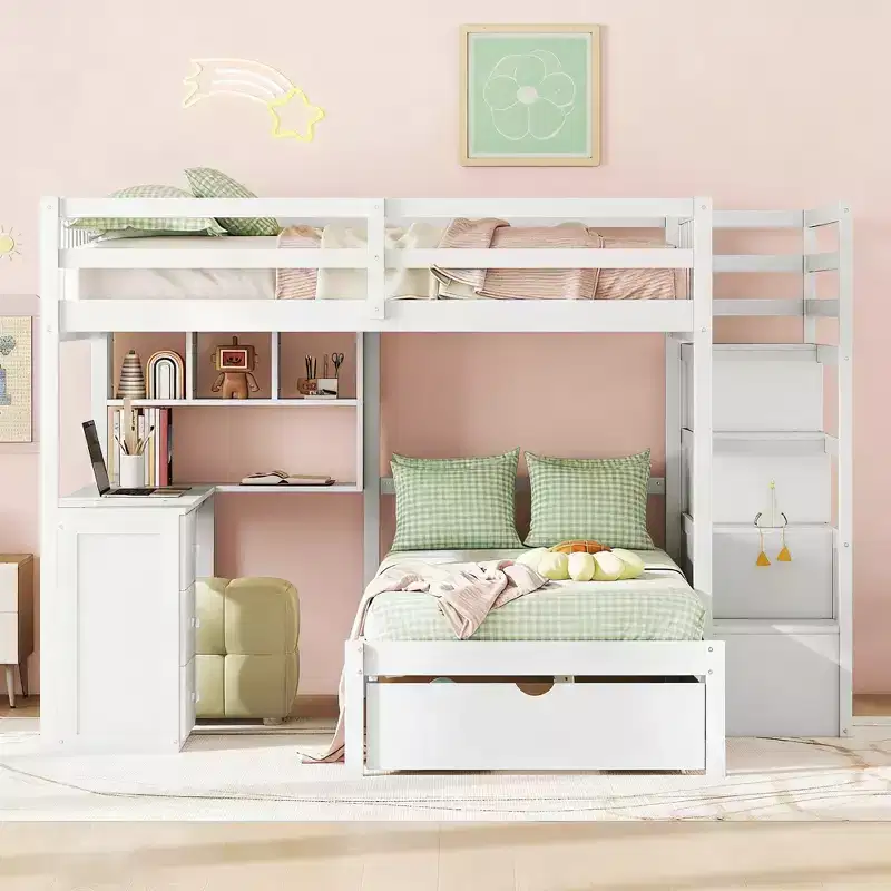 Luxystar Modern Full Over Twin Bunk Bed with Desk, 8 Drawers and Bookcases