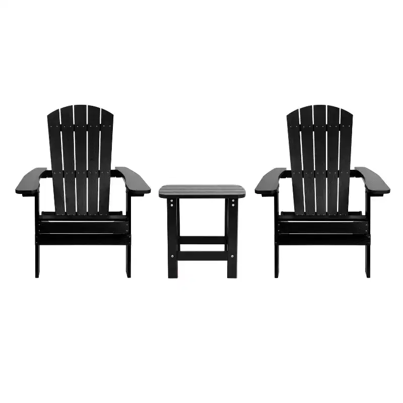 Merrick Lane Set Of Two Folding Adirondack Patio Chairs With Matching Outdoor Side Table