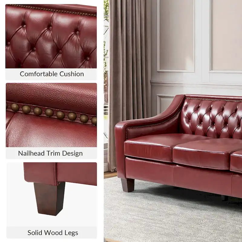 Mateo 82.28 Wide Transitional Genuine Leather Sofa with Nailhead Trim and Button-Tufted Back