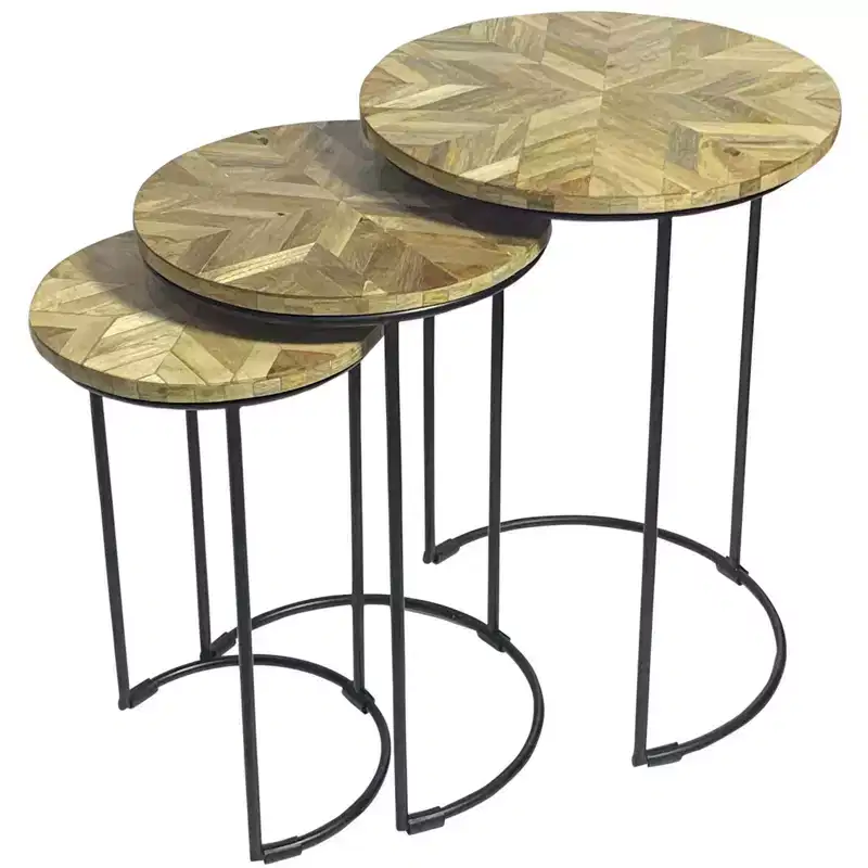 HomeRoots Set of Two Natural and Black Solid Wood and Metal Round Frame Nested Tables