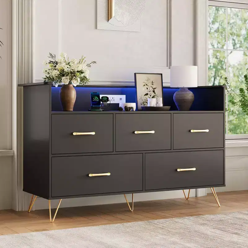 Modern Wood 5 Drawers Dresser with LED Lights, 47 in Freestanding Chest of Drawers, Storage Organizer with Gold Legs