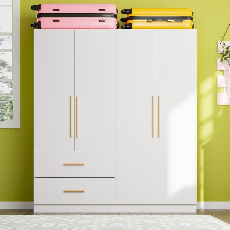 4 Doors Wardrobe Armoire Closet 63 W Bedroom Clothes Storage Cabinet