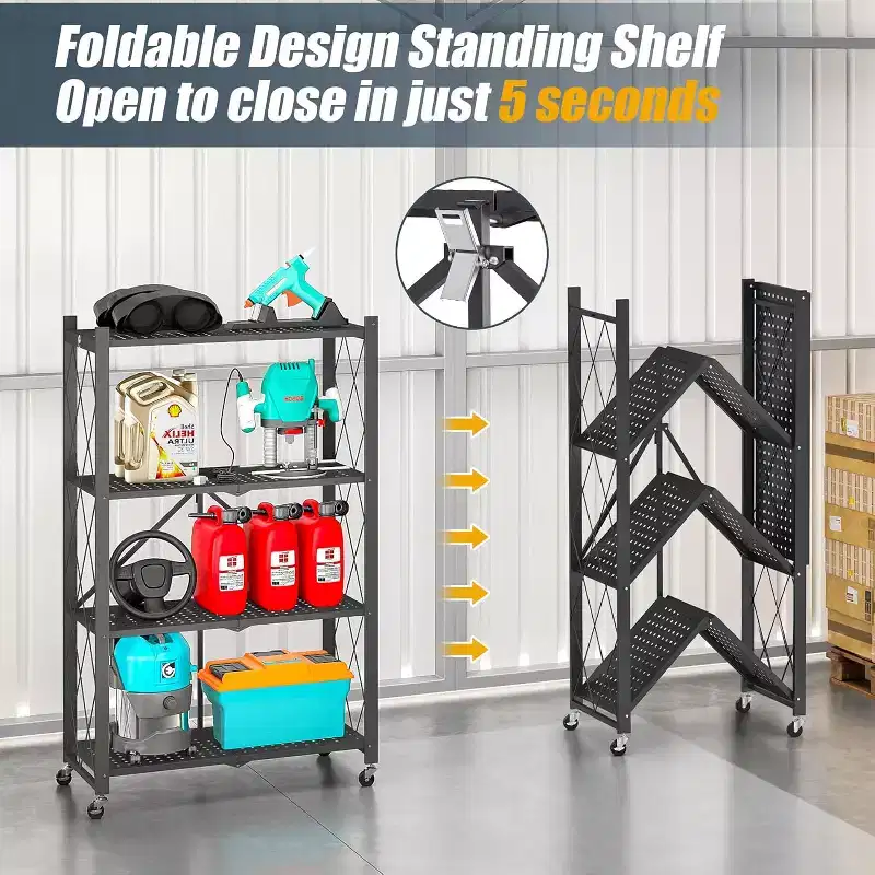 SUGIFT 4-Tier Foldable Metal Shelf with Wheels