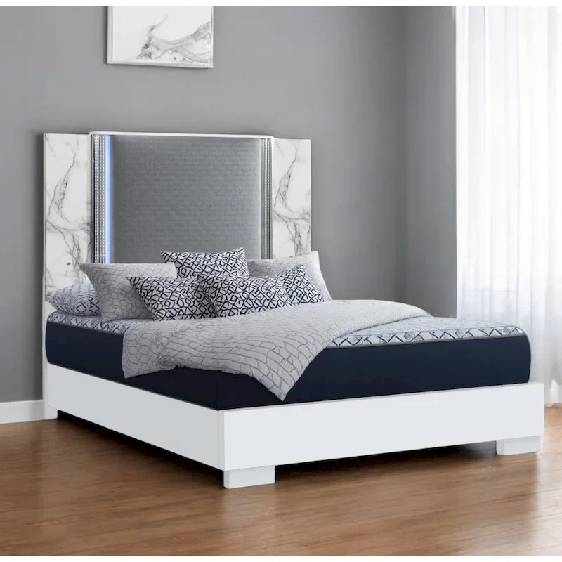 White & Gray Wood Faux Leather LED King Bed Frame (1-Person)