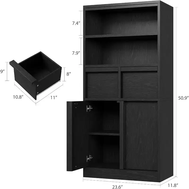 Tall Storage Cabinet with Open Shelves, Drawers and Enclosed Cabinet