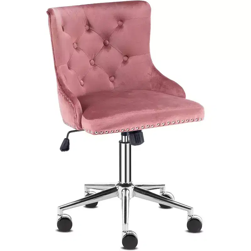 Velvet Office Chair - Modern Upholstered Desk Chair with Adjustable Height, Tilting Mechanism, and Rolling Wheels - Pink