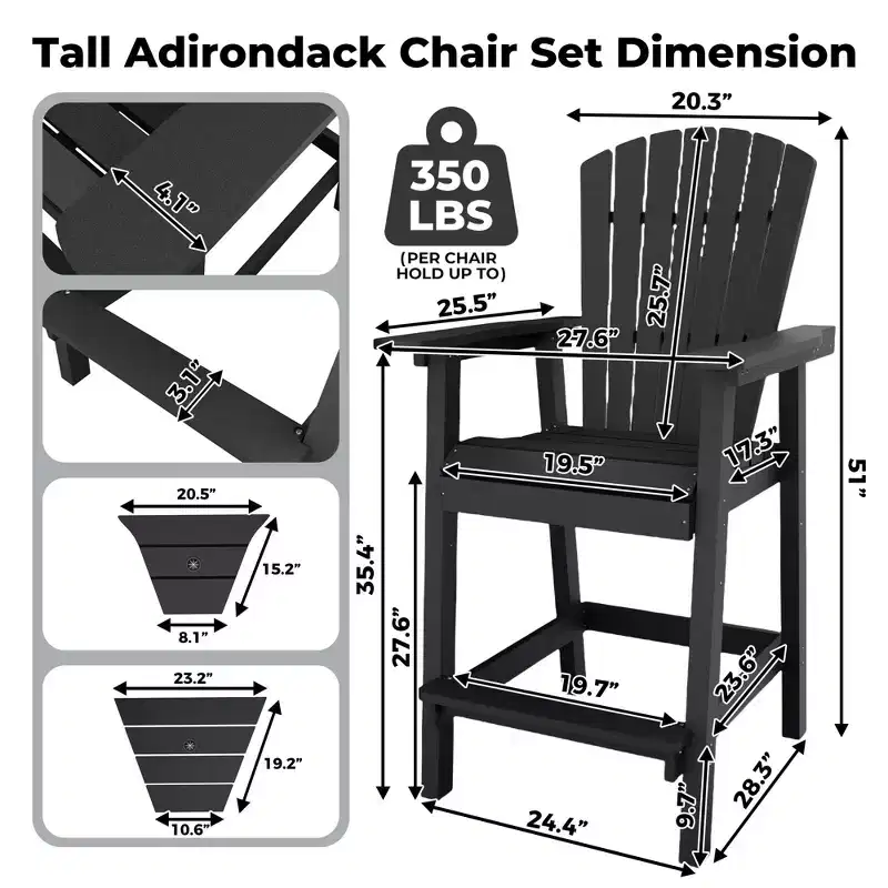 Tall Adirondack Chairs Set of 2, High Barstools with Connecting Tray & Footrest, Weather Resistant Recycled Chairs for Patio, Balcony, Garden