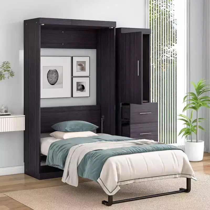 Foldable Wall Bed with Wardrobe and 3 Drawers, Space-Saving Fold-Away Bed Frame for Guest Room Home Office, Gray