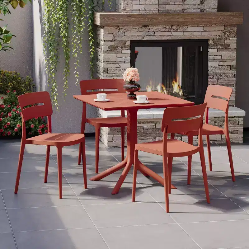 WestinTrends Playa Modern 5-Piece Resin Patio Dining Table Set with Stackable Patio Dining Chairs, Red