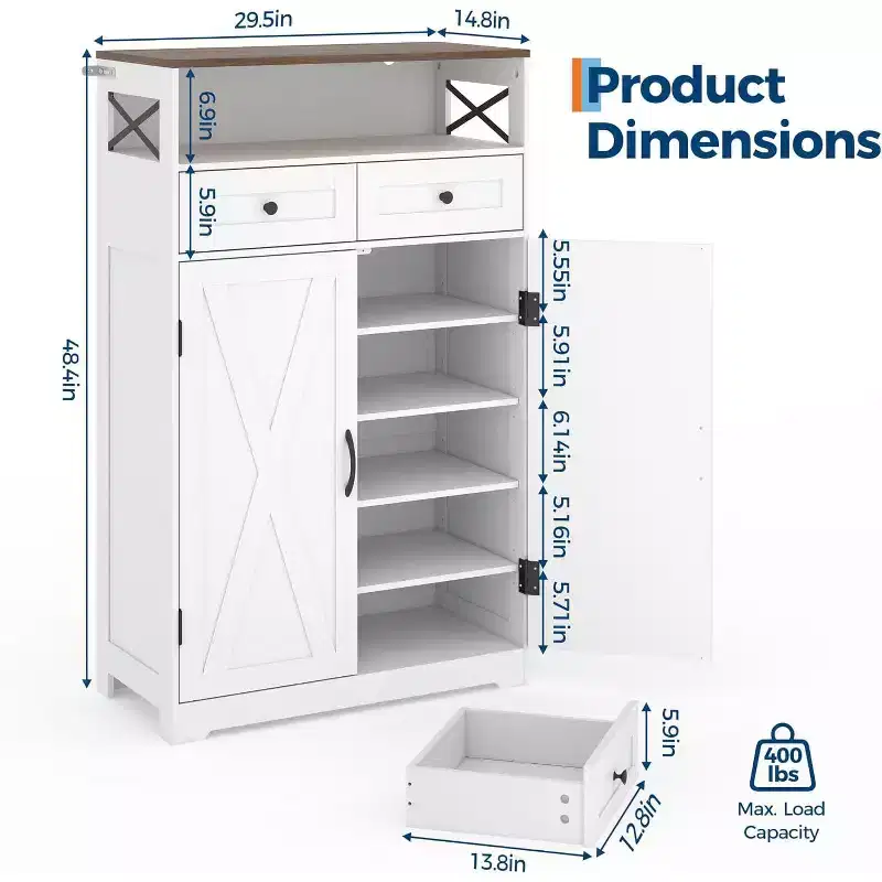 2 Drawer Shoe Cabinet with Doors, Adjustable Shelves, Multi-Scene Entryway Storage for Closet, Living Room, Hallway