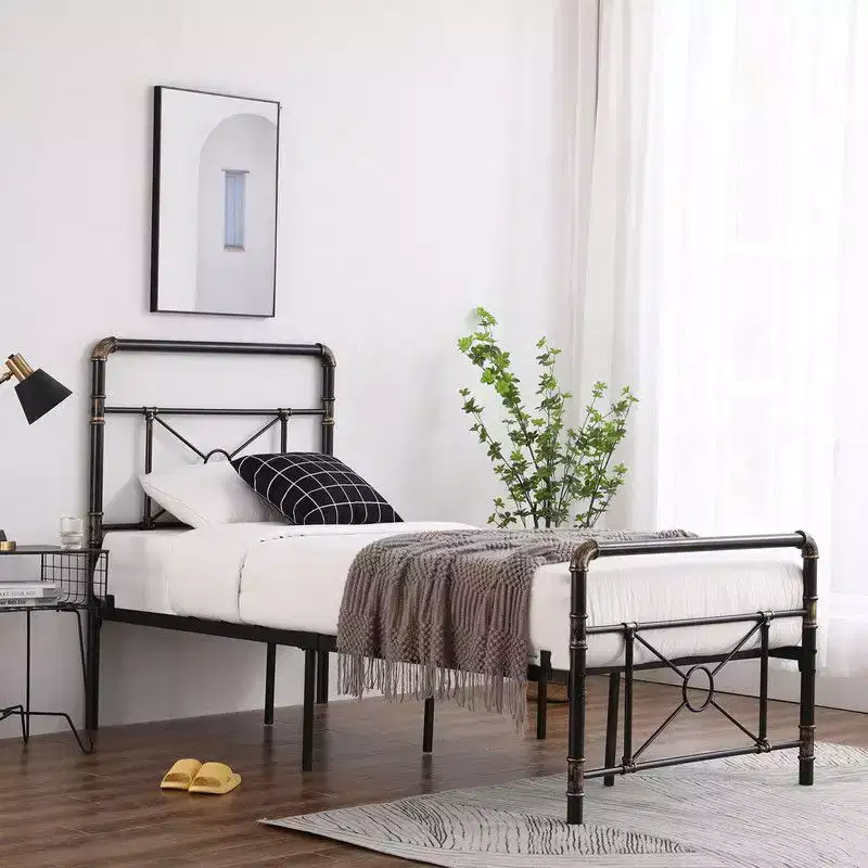 Twin Size Industrial Iron Bed Frame with Cross Design – Platform Base
