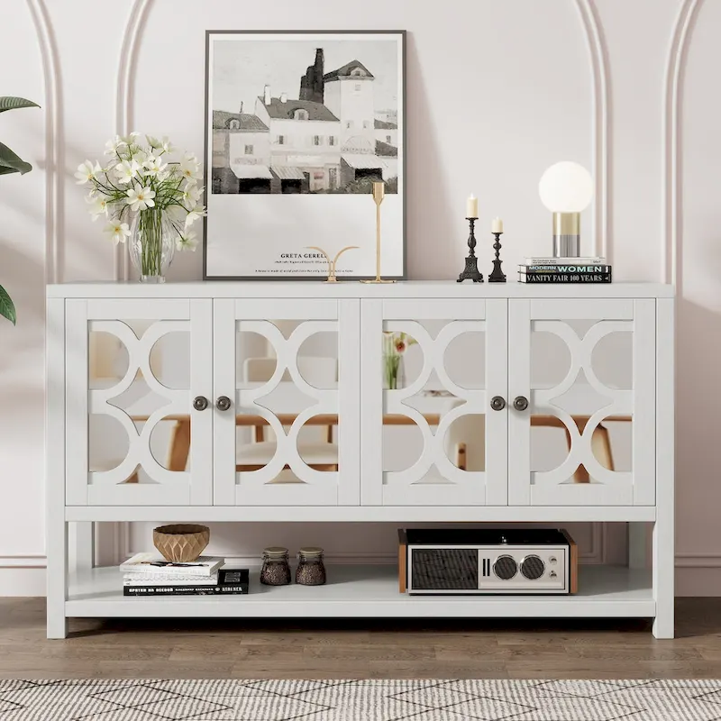 Console Table Storage Cabinet with Mirrored Doors and Open Shelf