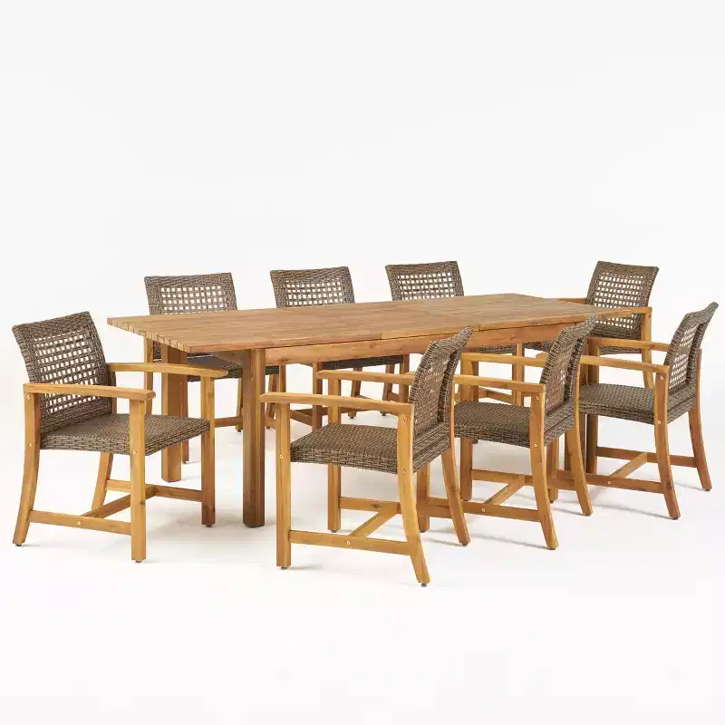 Christopher Knight Home Edgewood Outdoor Acacia Wood and Wicker 9 Piece Dining Set, Teak/Mixed Mocha