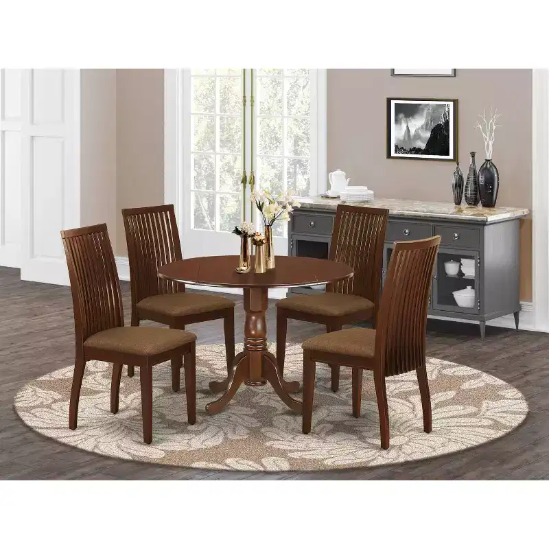 HomeStock 5-Piece Round Mahogany Finish Solid Wood Top Dining table with 4 Chairs with Drop Leaf